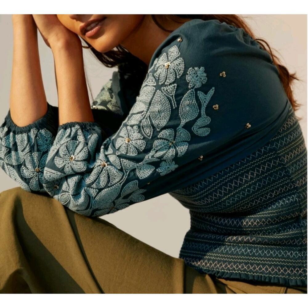 NEW Anthropologie Turquoise Embroidered Top - Picture 4 of 7